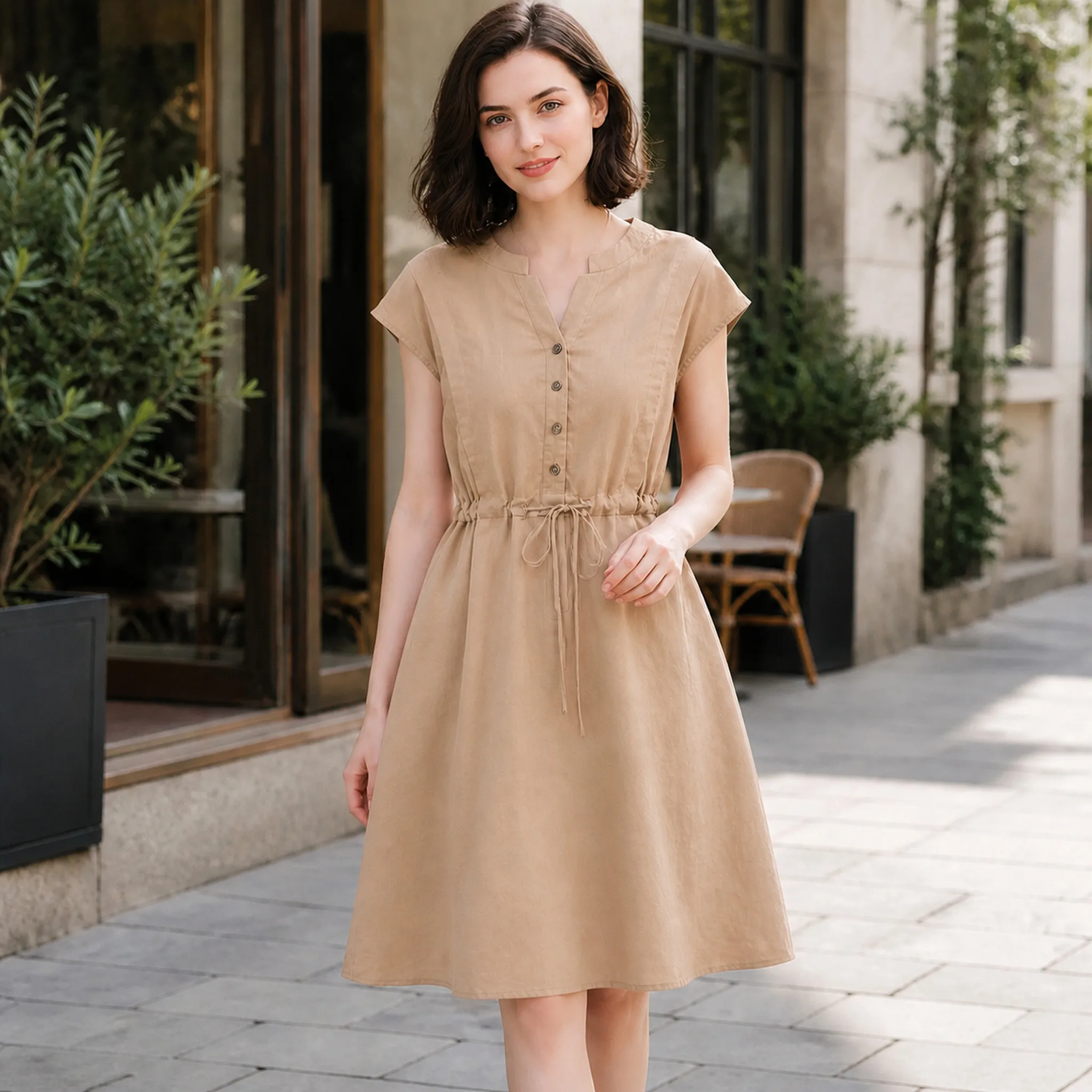 Short Linen Drawstring - Женские повседневные платья, летние платья 2026,
