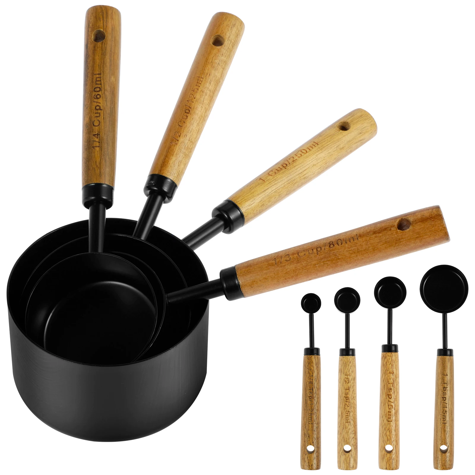 

8Pcs Measure Cup and Spoon Set with Wooden Handle Stainless Steel Measuring Cup Spoon with Metric and US Measurements