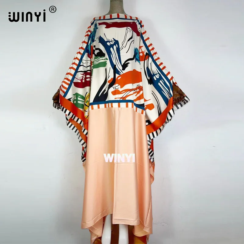 

Winyi 2021 Kuwait summer T stage color matching long skirt women's fashion bat sleeve flower print loose oversize long skirt