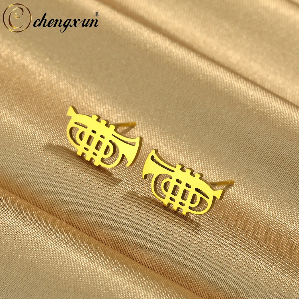 CHENGXUN Trumpet Stud Earrings Stainless Steel Music Instrument Jewelry Music Teacher Gift