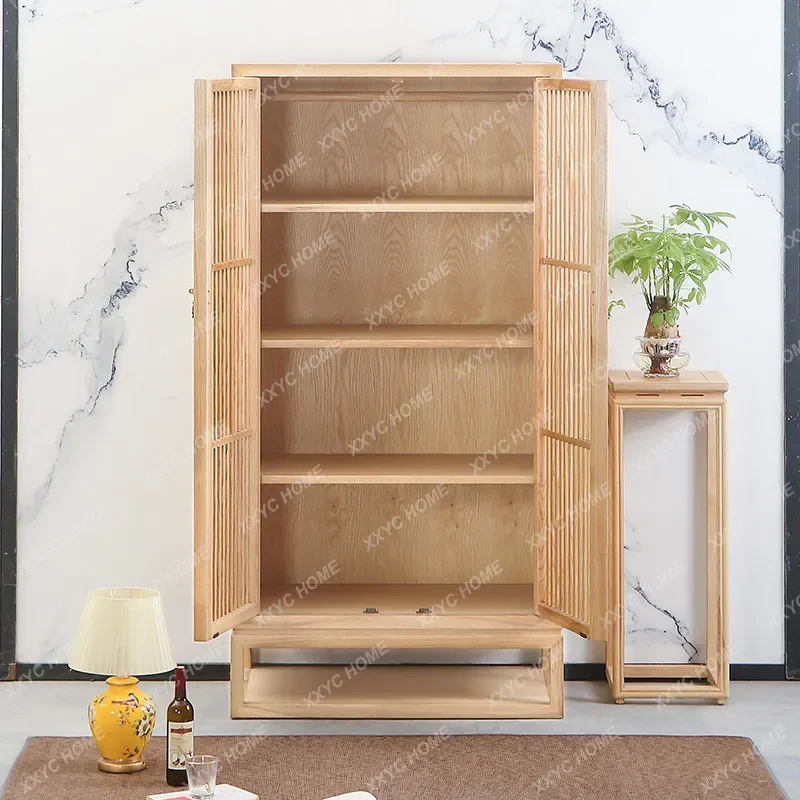 AA Ash wood wardrobe Zen paint-free hollow bookcase number antique simple tea room club bedroom side cabinet
