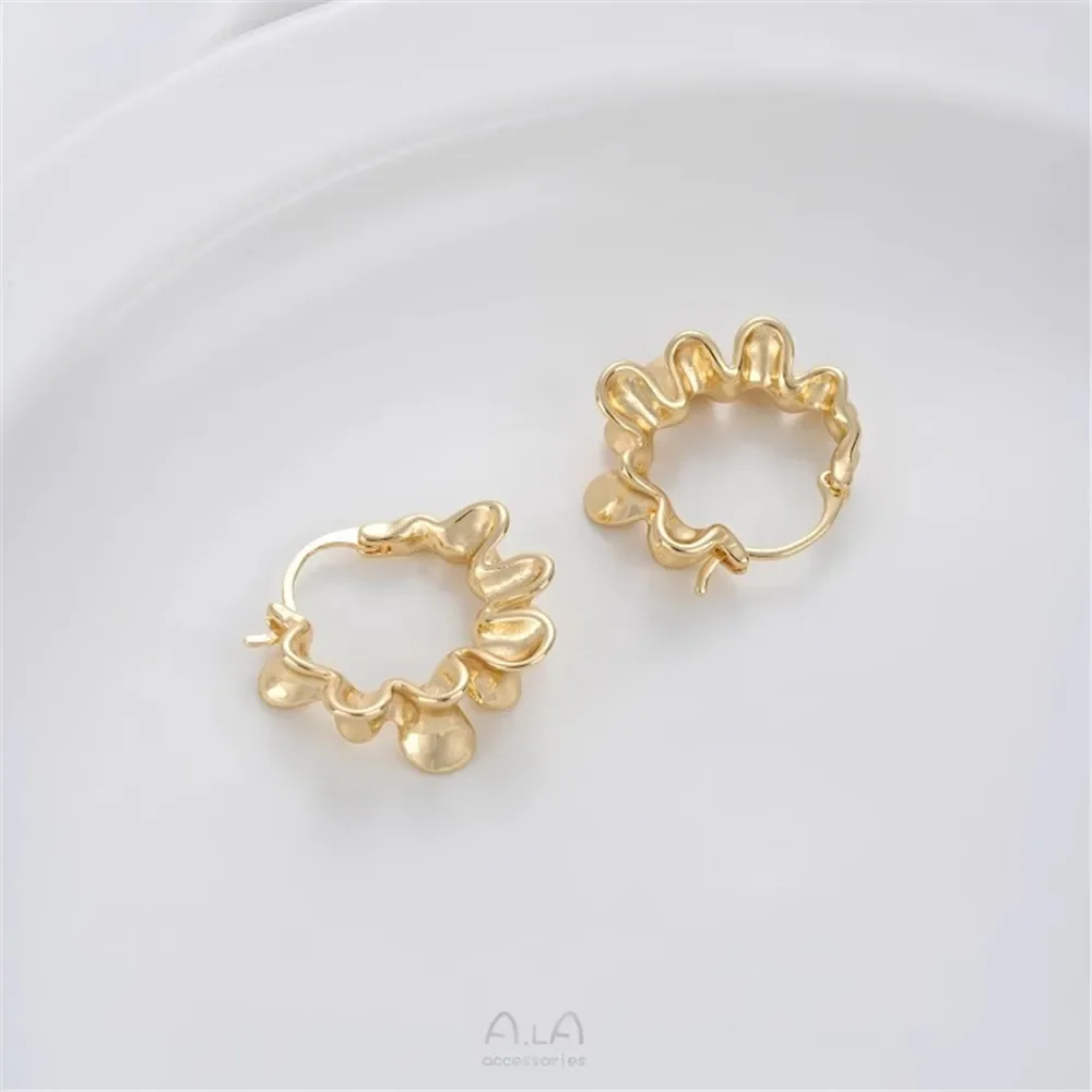 14K Gold Wrapped Wavy Satin Ribbon Pleated Striped Skirt Shaped Ear Buckle Adhesive Pearl Handmade DIY Earrings Ear Accessories