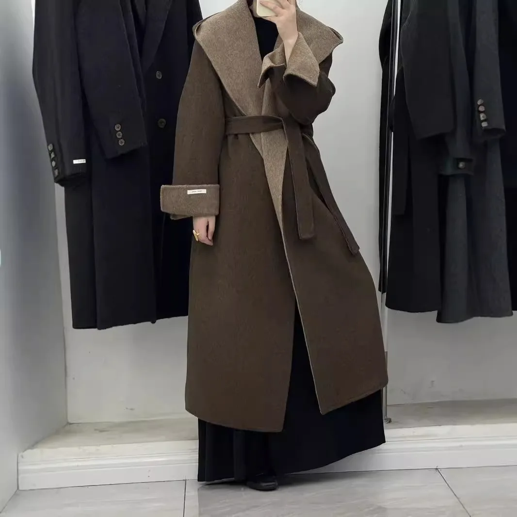 2026 New Autumn Winter Hooded Color Block Luxury Hand Sewn Double Face Wool Coat Women Long Loose Korean Style Woolen Outerwear
