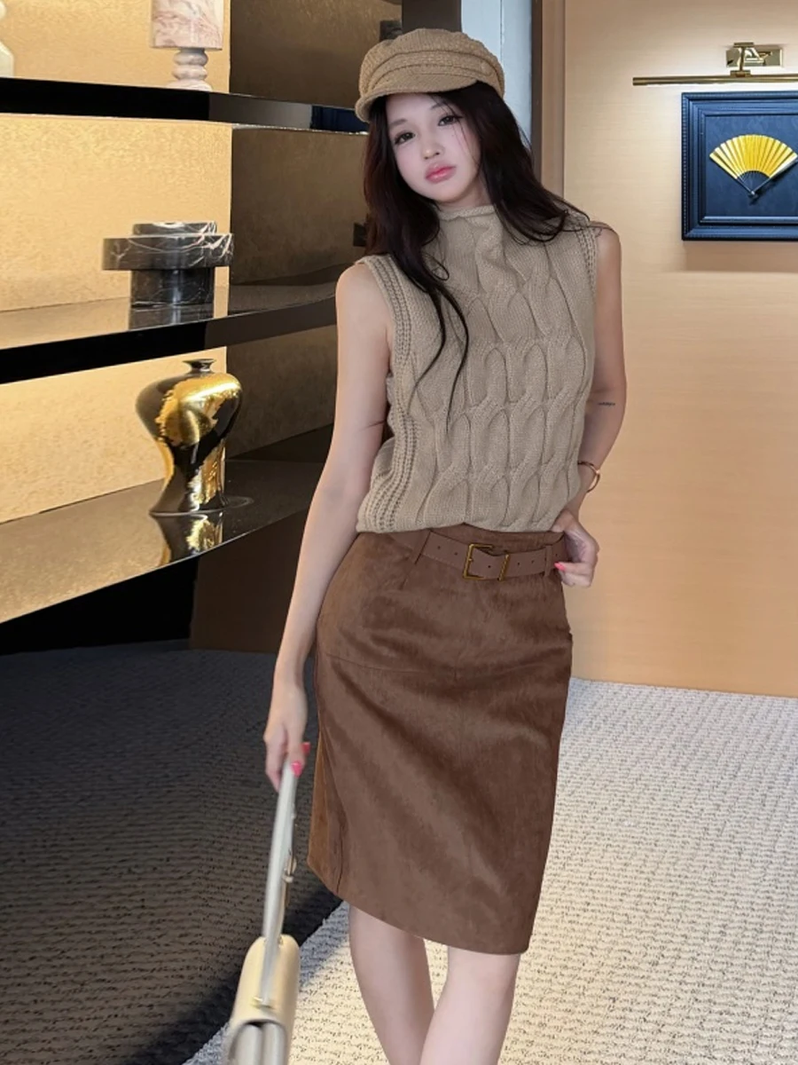 Autumn Winter High Neck Sleeveless Knitted Vest Top High Waist Belted  Skirt Two Piece Set Sexy Style Polyester Fabric