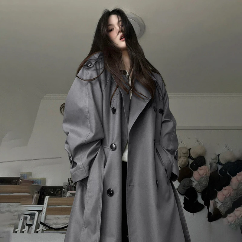 Grijze Trenchcoat Dames Halflange Gordel Double-Breasted Zakken Slanke Lente/Herfst Koreaanse Britse Stijl Mode Nieuwe Windjack
