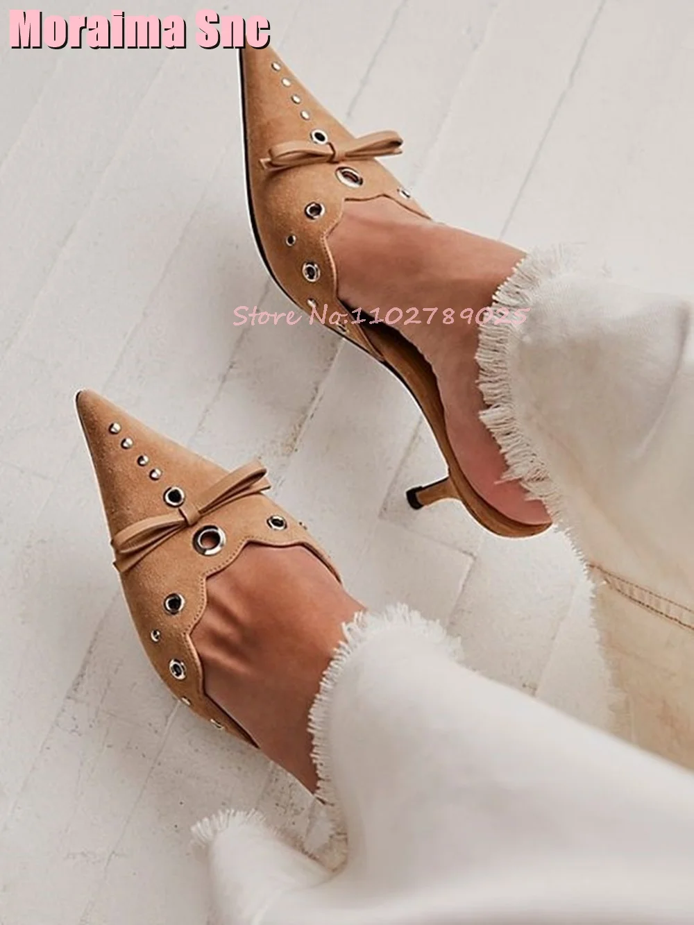 Eyelets Butterfly-knot Mules Pointed Toe Stiletto High Heel Slip On Sexy Elegant Fashion Women Shoes Summer Runway Banquet 2024