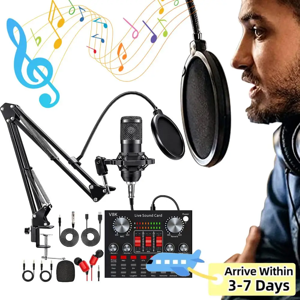 

Комплект оборудования для подкастов «Всё в одном»: аудиомикшер, подвесной конденсаторный микрофон, звуковая карта V8K для прямых трансляций на YouTube