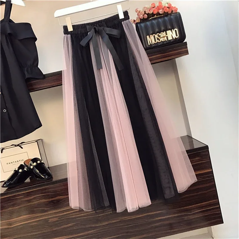 Off Shoulder Solid Shirts + Color Matching Mesh Long Skirt Sets Summer Casual Ruffles Slash Neck Female Two-piece Suit N711