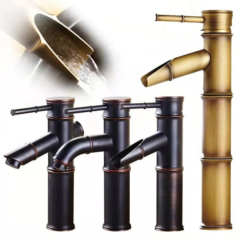 

Black Antique Bamboo Faucet Art Basin Wash Basin Hot and Cold Faucet All Copper Basin Faucet on The Table.