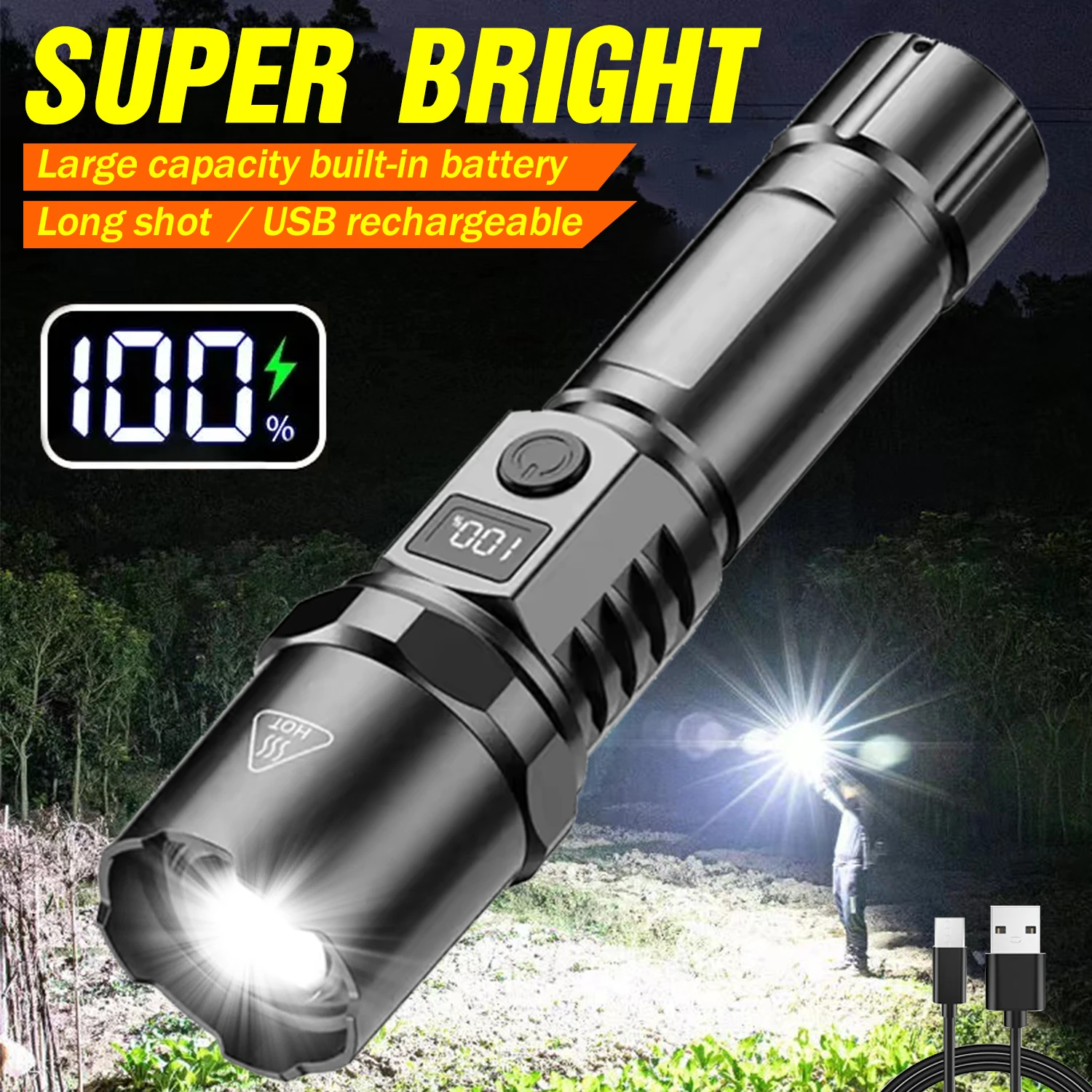 

Super Bright LED Flashlight Zoomable Type-C Rechargeable Camping Torch Outdoor Portable Long Range Spotlight Built-in Battery