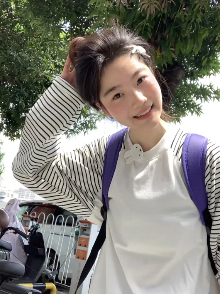 

Повседневная полосатая футболка Long Sve, женская свободная посадка, универсальный топ для похудения, хлопковый удобный дышащий осенний топ...