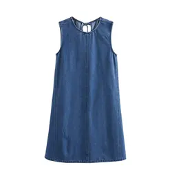 Tangada 2024 Summer Women Denim Dress Sleeveless Zipper Ladies Short Dresses 4M090