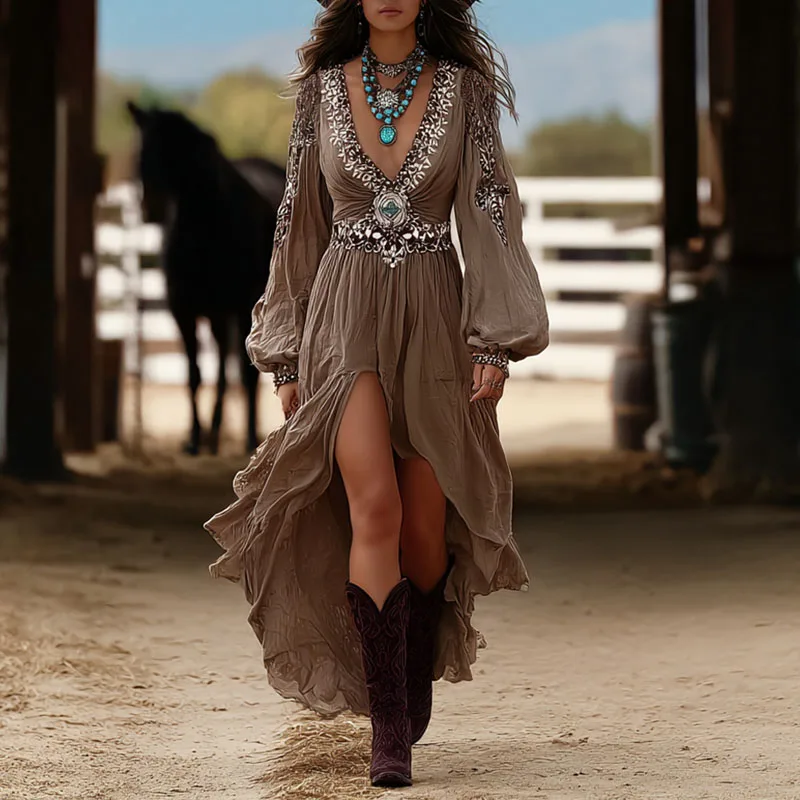 الخامس الرقبة الصلبة مطوي المرأة فستان طويل الرجعية العرقية ألف خط فانوس كم فستان الحفلات جديد بوهو طباعة غير النظامية فساتين الحفلات