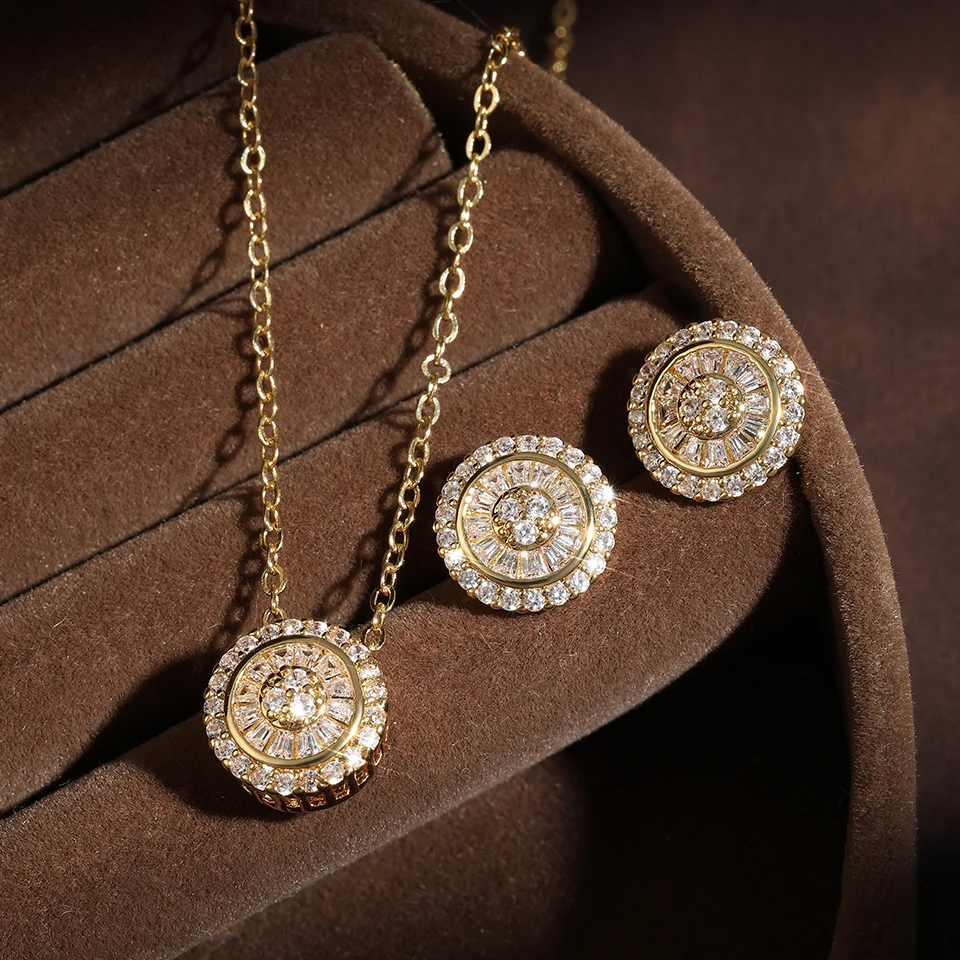 Women's Korean Circular Micropaved Zircon Necklace Earrings Set