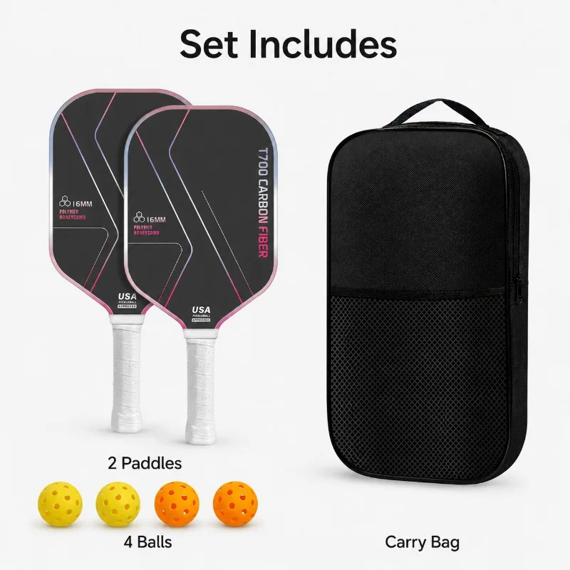 USAPA Approved T700 Carbon Fiber Pickleball Paddle Set 16mm Honeycomb Core with Balls Carry Bag