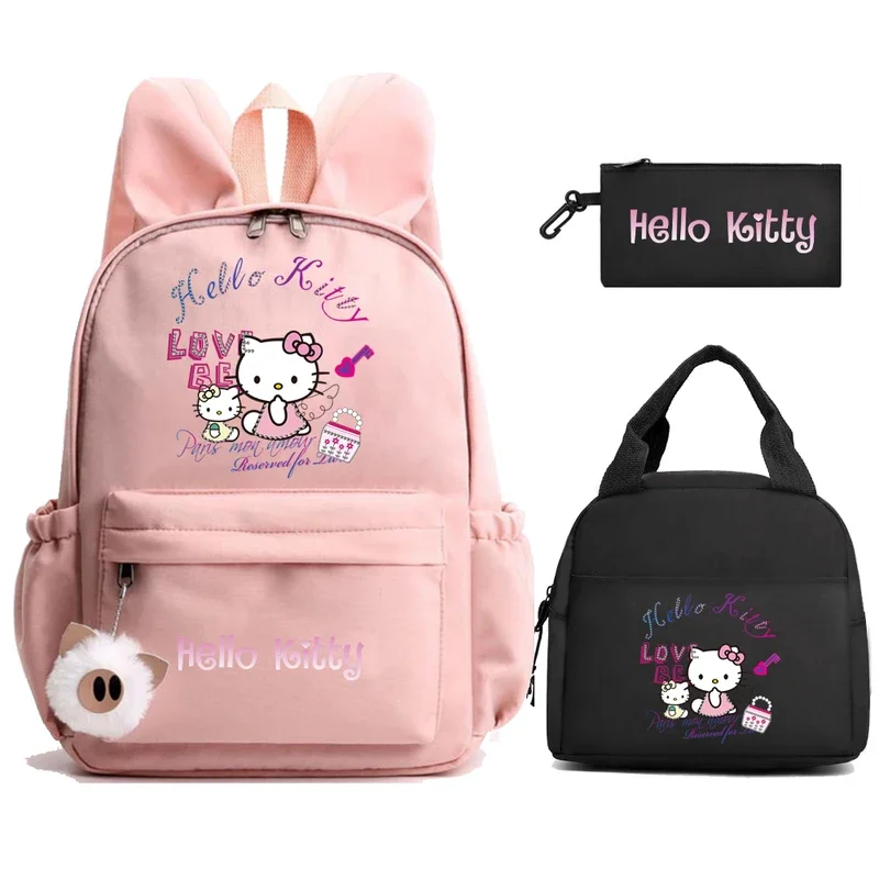 3Pcs/set Sanrio Hello Kitty Backpack for Girl Boy Student Teenager Children with Lunch Bag Kids Rucksack Women Casual School Bag