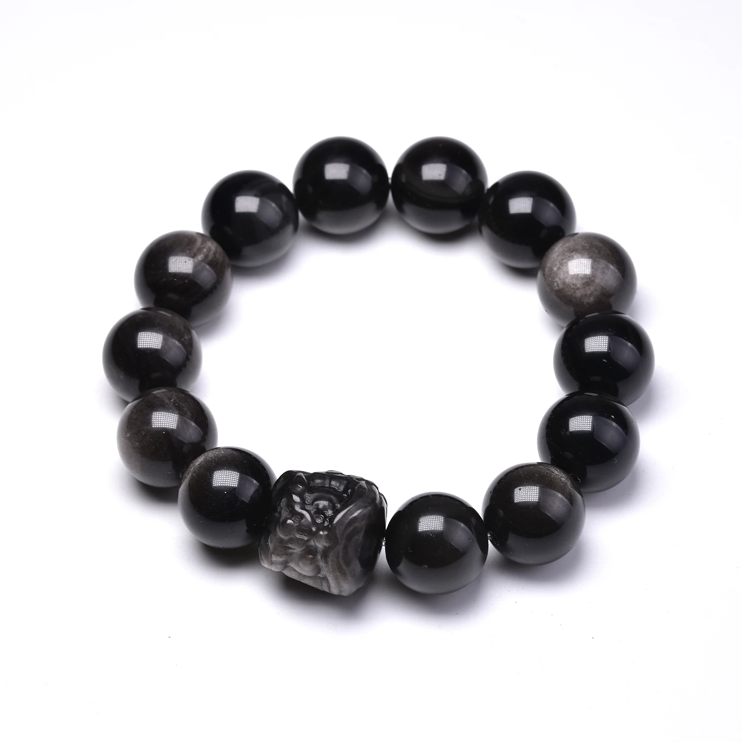 Natural Silver Colour Obsidian Bracelets For Men Large Beads 14mm Lucky Carved Brave suān ní to Ward Off Evil Spirits Animal