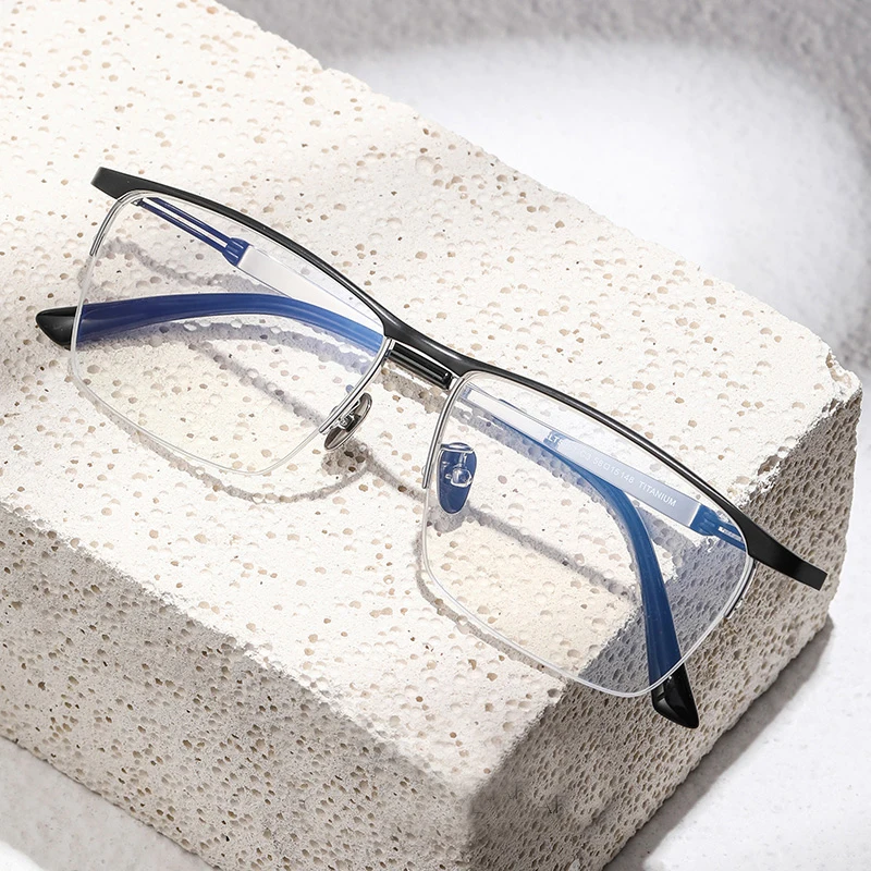 Pure Titanium Business Semi Rimless Glasses Frame for Men Ultralight Rectangle Eyeglasses Blue Light Blocking Eyewear Male