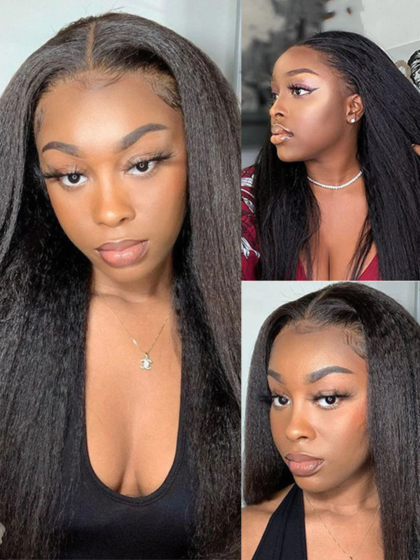 ロングブラック縮毛矯正ストレート合成ウィッグ レディース ミドルパート ヤキストレートヘア デイリーコスプレ耐熱ファイバーウィッグ