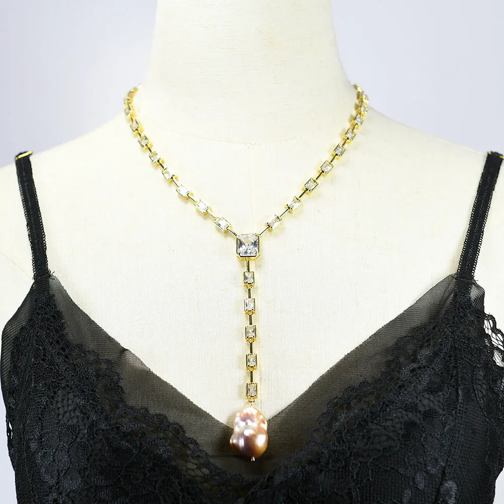 GG Cultured Purple Keshi Pearl Rectangle Cut Clear Cubic Zirconia Women Wedding Party Necklace Jewelry