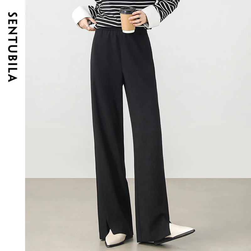 SENTUBILA Straight Womens Pants 2025 Spring Modal Casual High-waist Slit-hem Full Length Comfort Office Trousers 151K59343