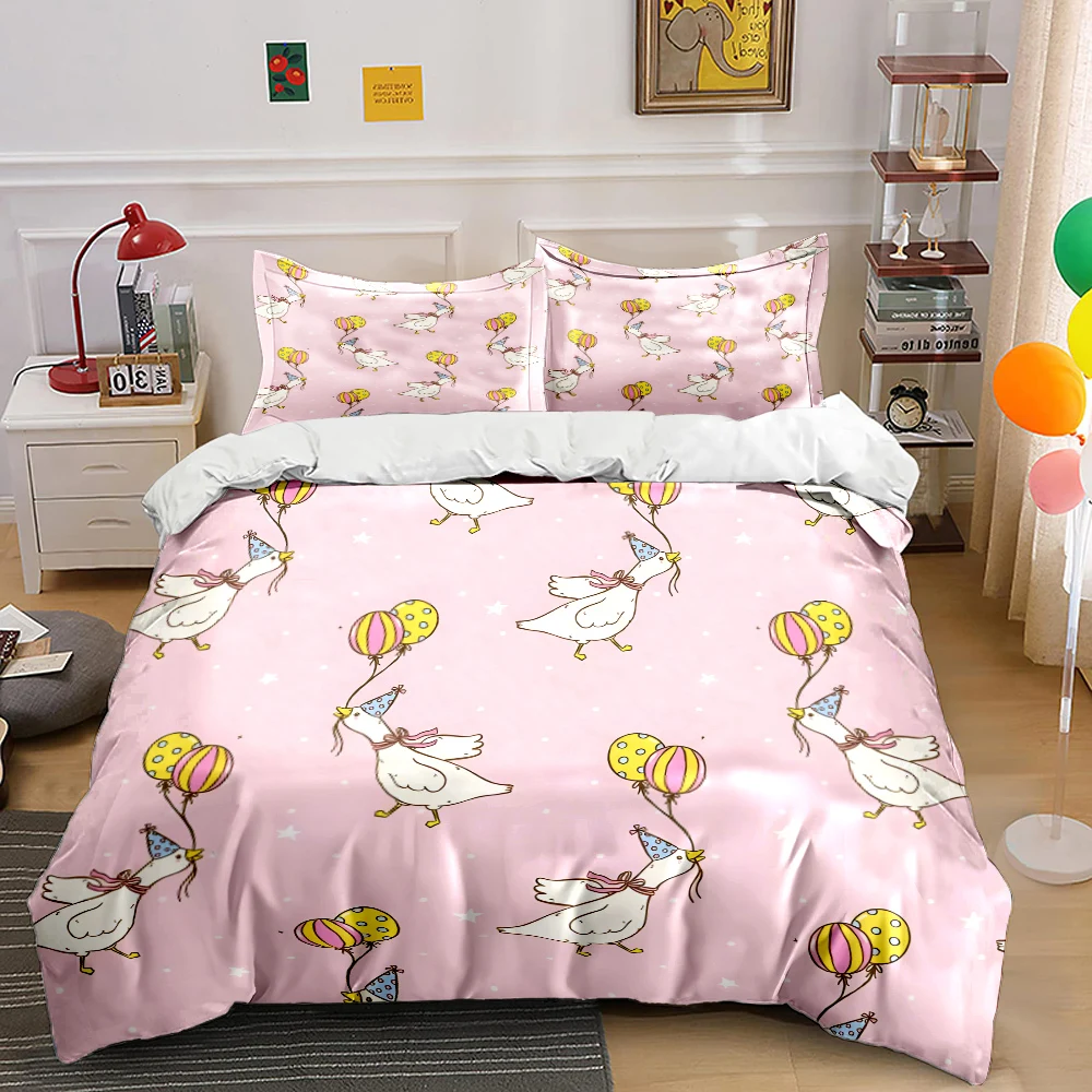 

White geese with balloons on pink Pattern Duvet Cover Set Digital Print Colorful Polyester Bedding with Zipper Closur kids gifts