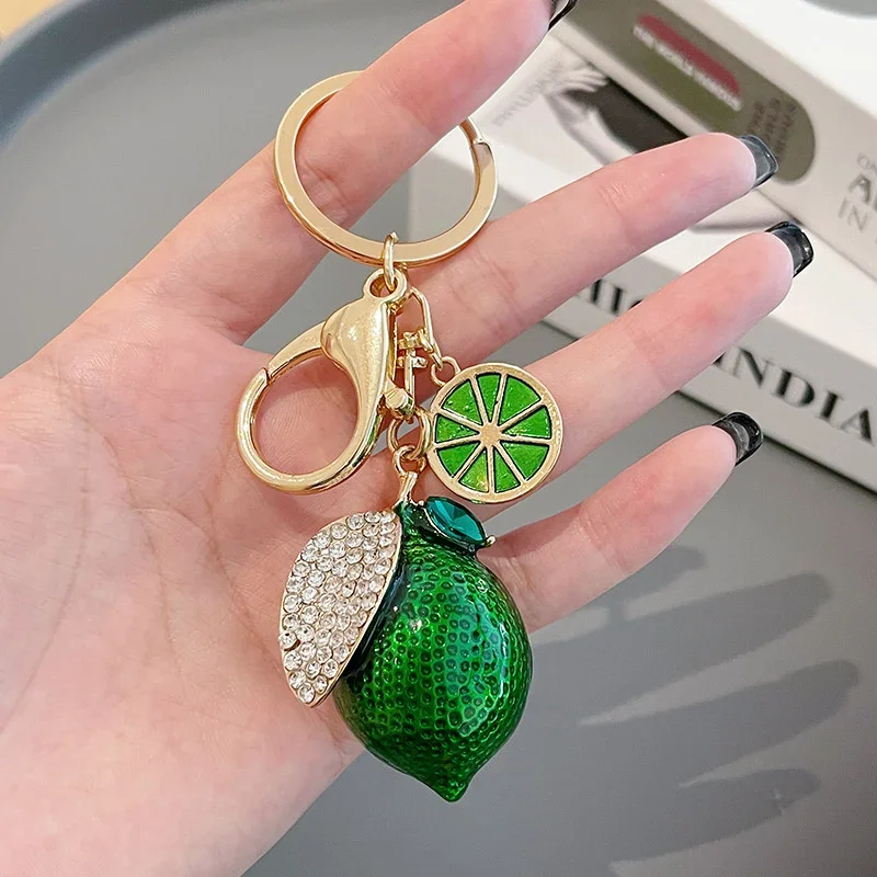 Creative Simulation Fruit Lovely  Small Rhinestone Lemon Car Women's Bag Pendant Key Chain Ring Cartoon Gift