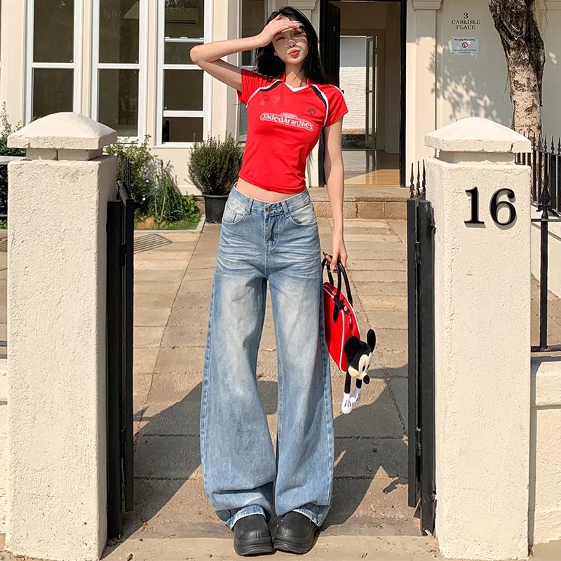 

Y2K pants jeans Korean reviews high waist baggy wide leg straight denim trousers for women vintage wash style