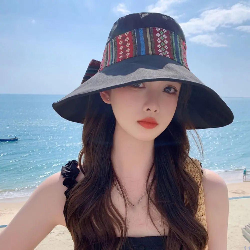 

Fashion Anti-UV Women's Sun Hat Ethnic Style Solid Color Bowknot Fishmen Hat Panama Cap Sunscreen Wide Brim Bucket Cap Spring
