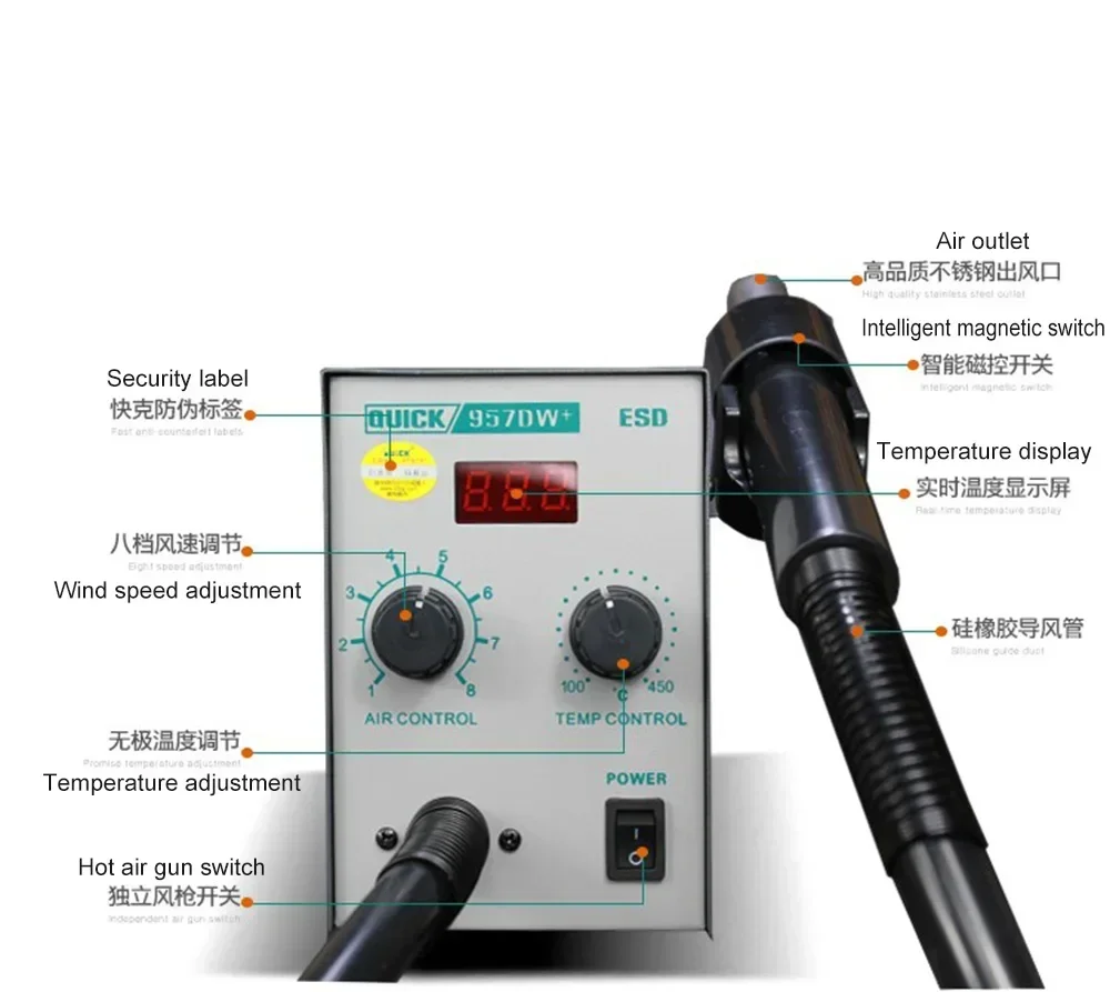 QUICK 957DW+ LED Display Adjustable Hot Air Heat Gun With Helical Wind 400W SMD rework station With 3 Air Nozzles