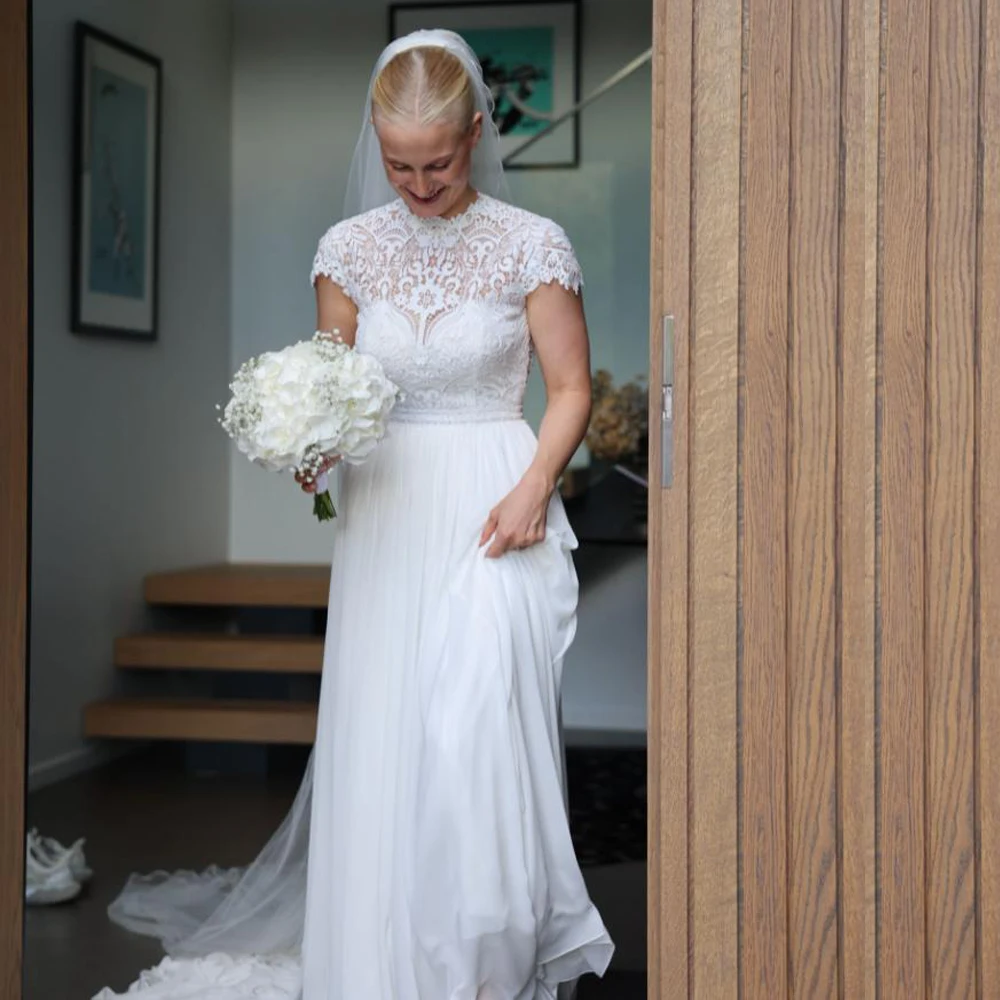 Customized Lace Top Wedding Dress O Neck Cape Sleeve Country Bride Gown Open Back A Line Chiffon Summer vestidos de novia