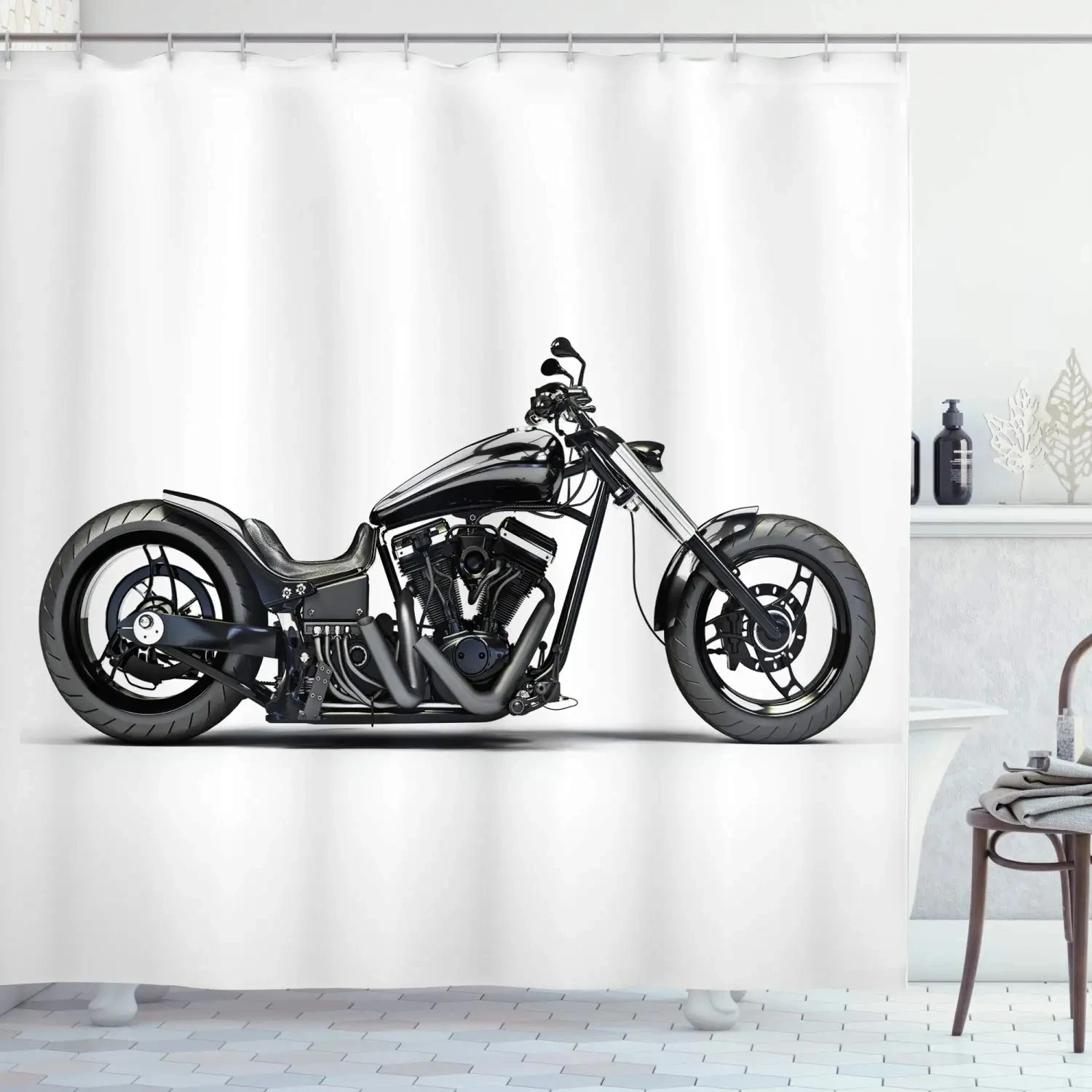 Motorcycle Shower Curtain Horsepower Adventurous Journey Freedom Ride Masculine Vehicle Bathroom Curtains Decor Set with Hooks