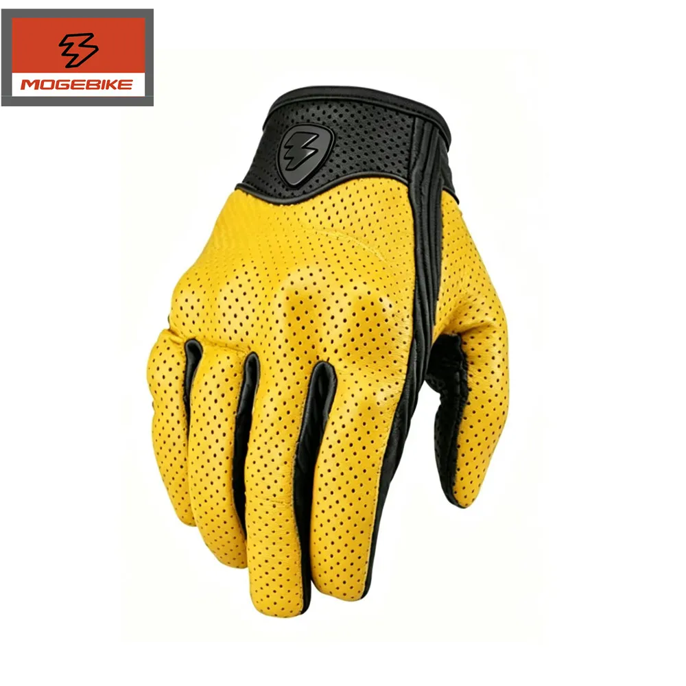 Yellow Leather Motorcycle Gloves Men Women Breathable Perforated Motorbike Racing Gloves Touchscreen Anti-slip Retro Motobiker
