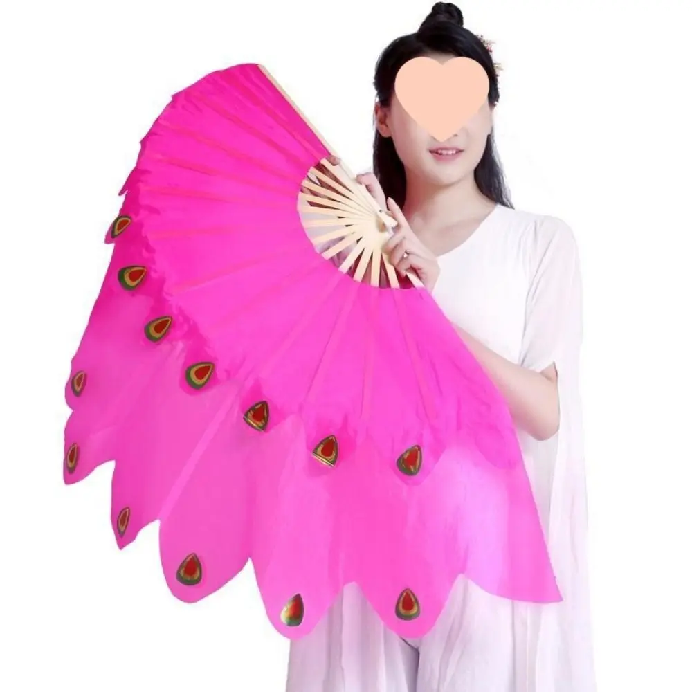 

31/36 см бамбуковый китайский короткий веер для танца живота, танцовщица, практика, 10/25 см, полукруглая шелковая вуаль с блестками, двусторонний веер для выступлений