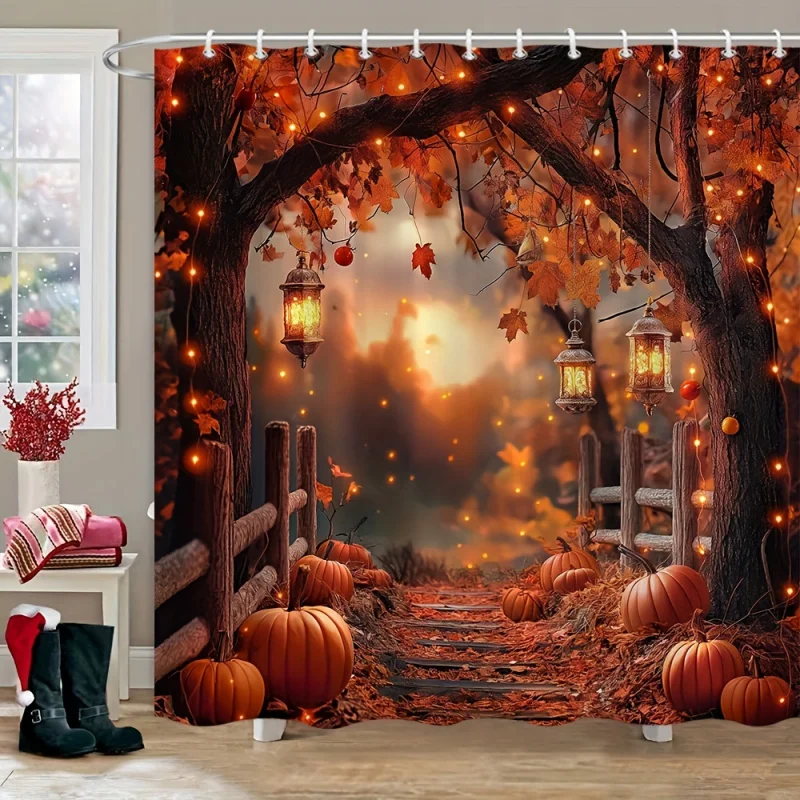 Autumn Pumpkin & maple leaf shower curtain-waterproof polyester with hooks rustic farmhouse decor for bathroom