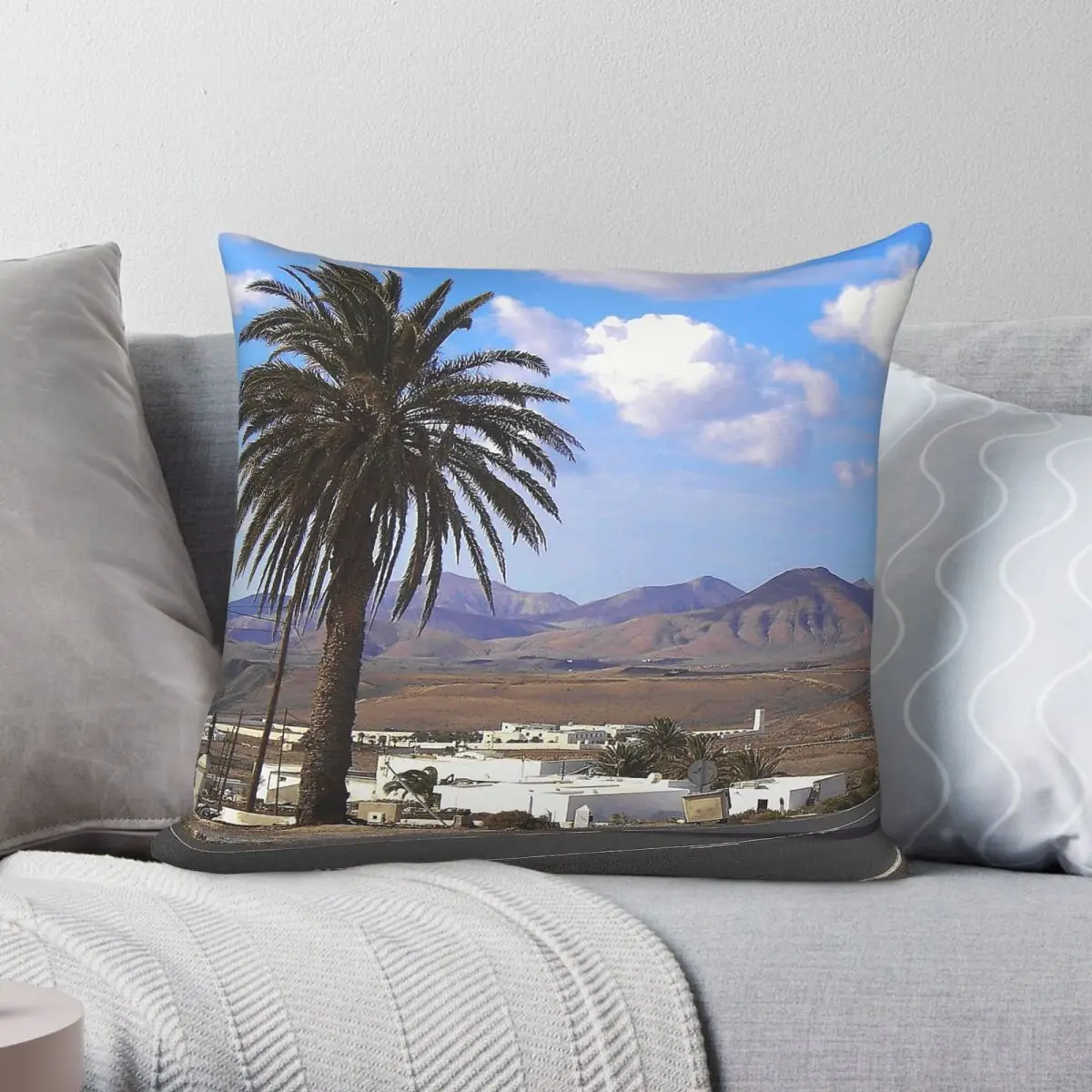 Lanzarote Spanish Canary Islands Square Pillowcase Polyester Linen Velvet Printed Zip Decorative Home Cushion Cover 45x45