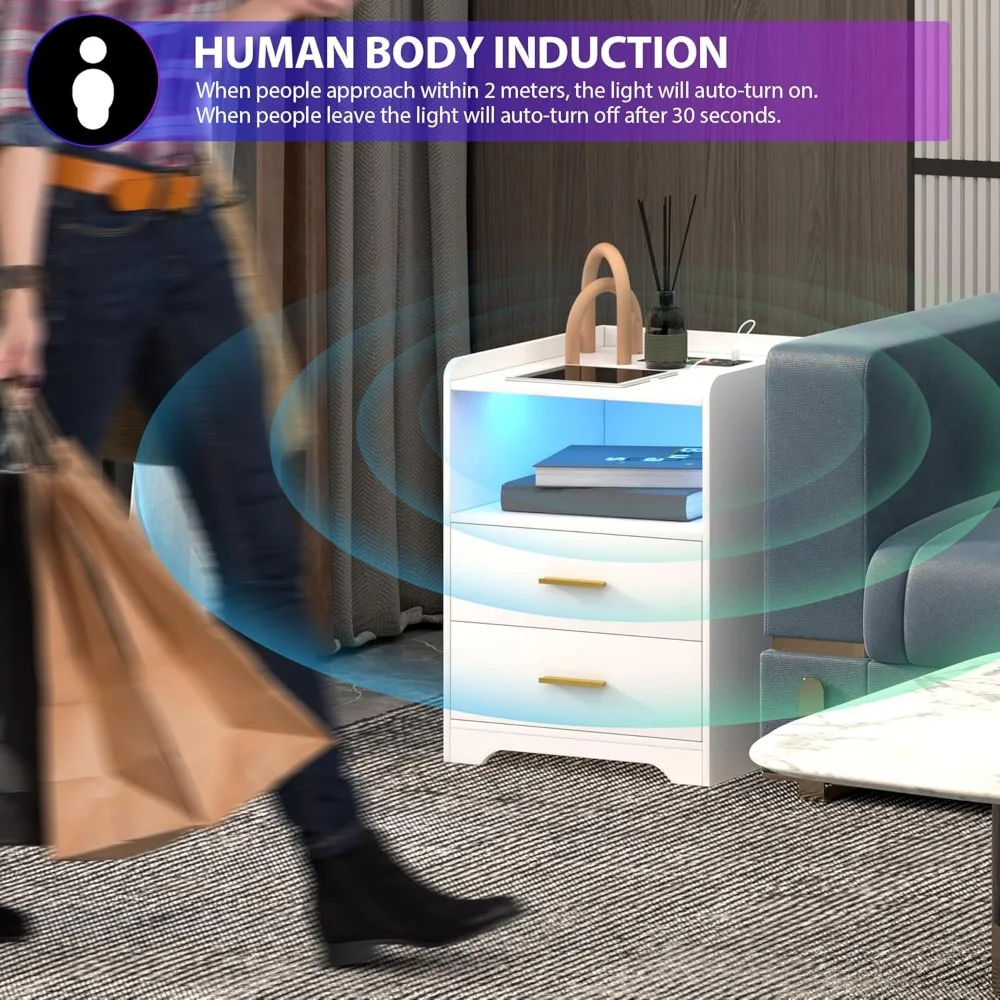 منضدة ذكية حديثة مع مصابيح LED بيضاء، ومحطة شحن، وإضاءة RGB ذات 24 لونًا، تتميز بإضاءة مستشعر بشري لجانبنا