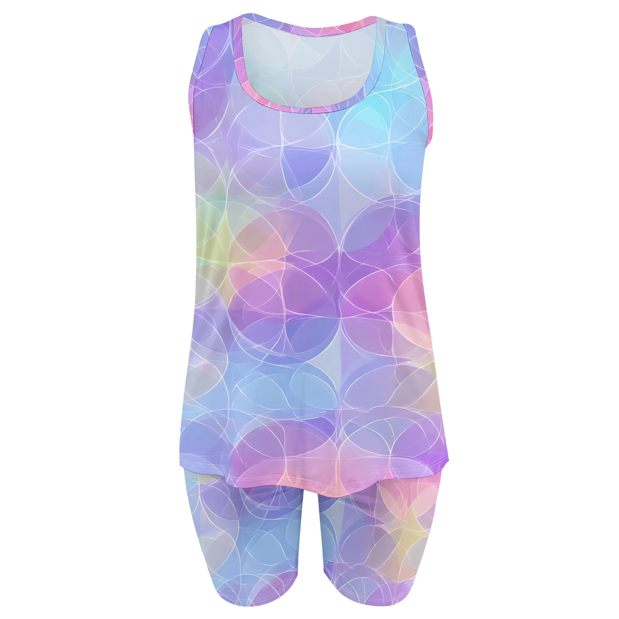 Pastel Geometric Print, Tank Top & Biker Shorts Set, Summer Lounge Wear, Yoga Gym Outfit, Pastel Blue Purple Pink, S-2XL