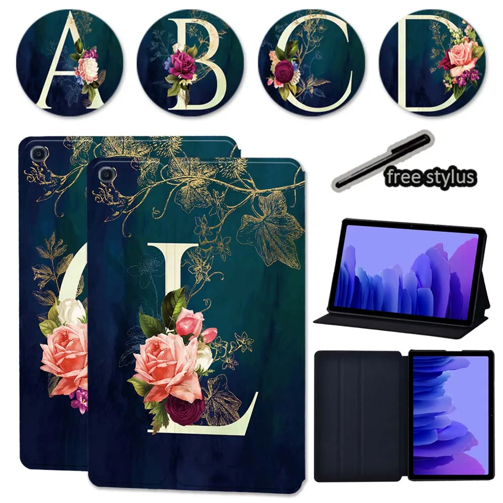 For Samsung Galaxy Tab A7 10.4 Inch 2020 T500 T505 Flip Tablet Case Leather Flowers 26 Letters Series Stand Cover + Free Stylus