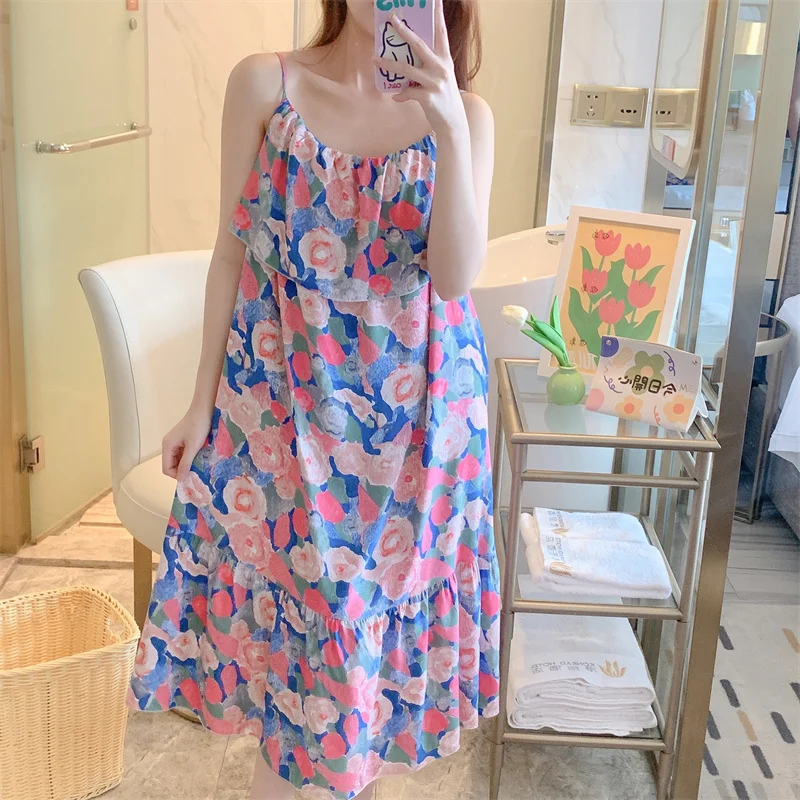 Camisolas soltas casuais impressas para mulheres, nightie doce, camisola sexy, sleepwear de verão feminino fino, camisola