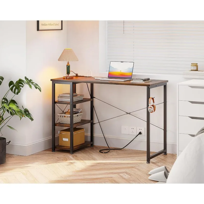 Laptop Desk Small Desk, 40 Inch Computer Desk with Power Outlet and USB & Type-C Charging Port, Writing Desk with 3-Tier