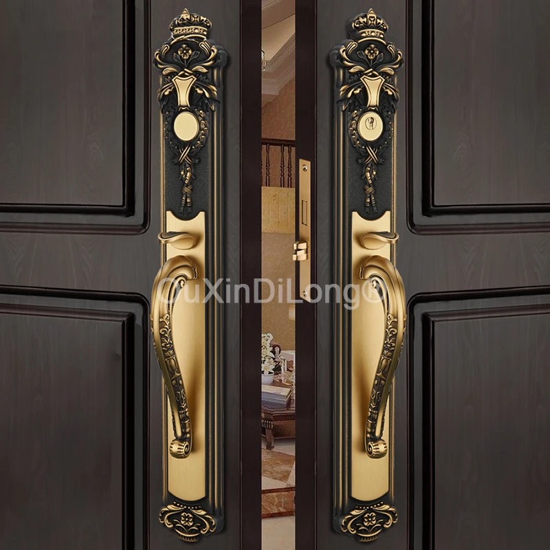 1Set European Style Antique Brass Villa Gate Door Lock Entrance Door Lock Luxury Double-open Folio Door Lock Handles Lock GF1461