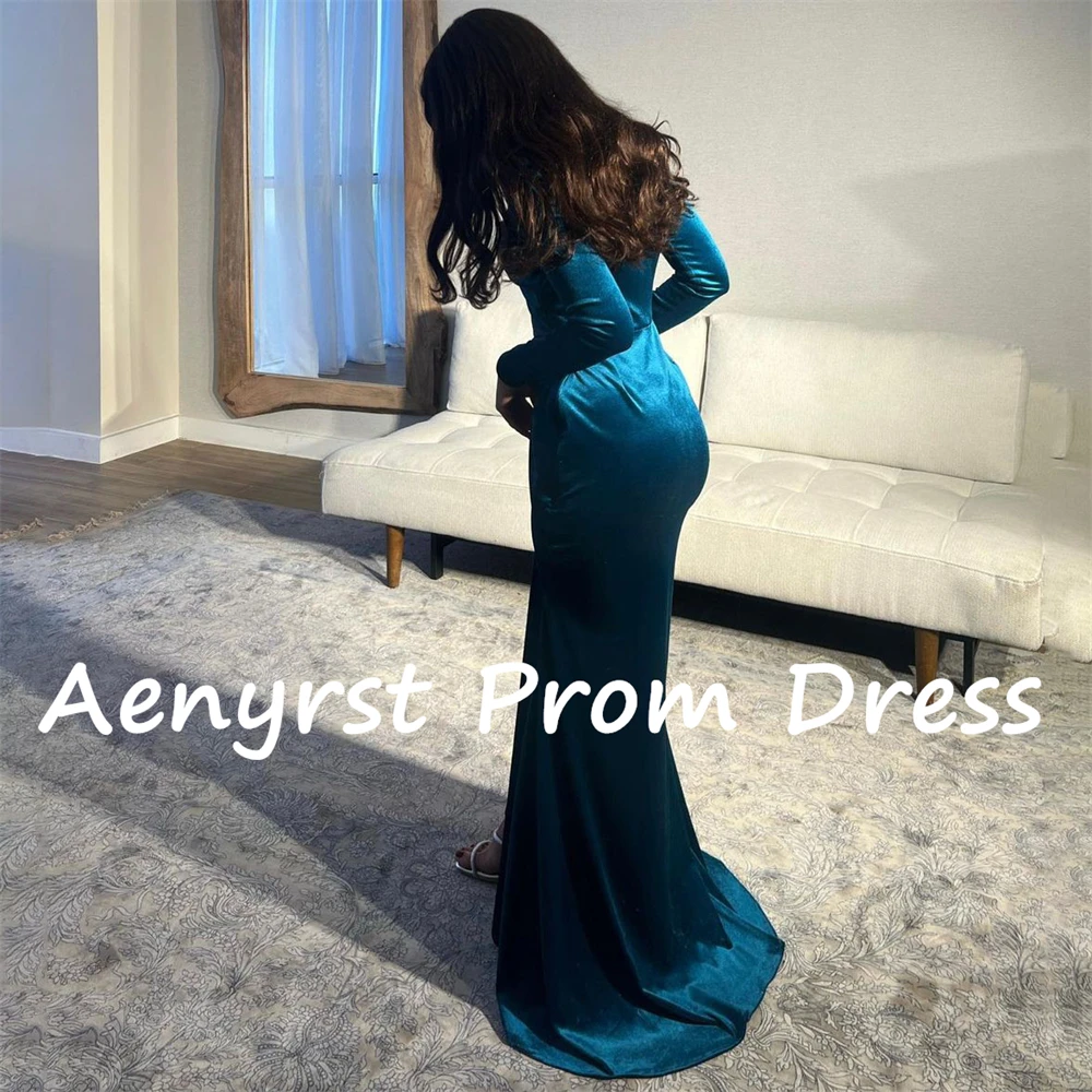 Aenyrst vestidos de fiesta de terciopelo de manga larga, vestidos de noche plisados con escote corazón dividido de sirena, hasta el suelo, vestido de fiesta de cena elegante