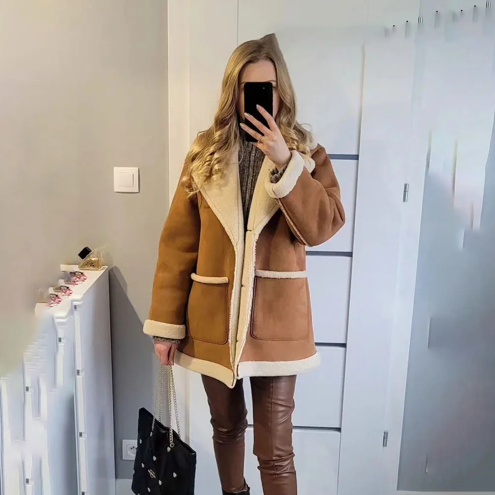 Winter New Women\'s Artificial Double sided Fur Thick Warm Suede Coat Casaco Women\'s Notched Collar Coat Fur Integrated Coat