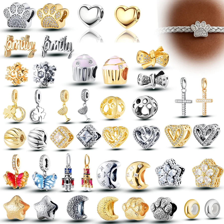 

Fashion Charms Beads Dog Paw Heart Family Bow Cupcake Butterfly Star Moon Compatible With Bracelet Jewelry Gift For Lover.