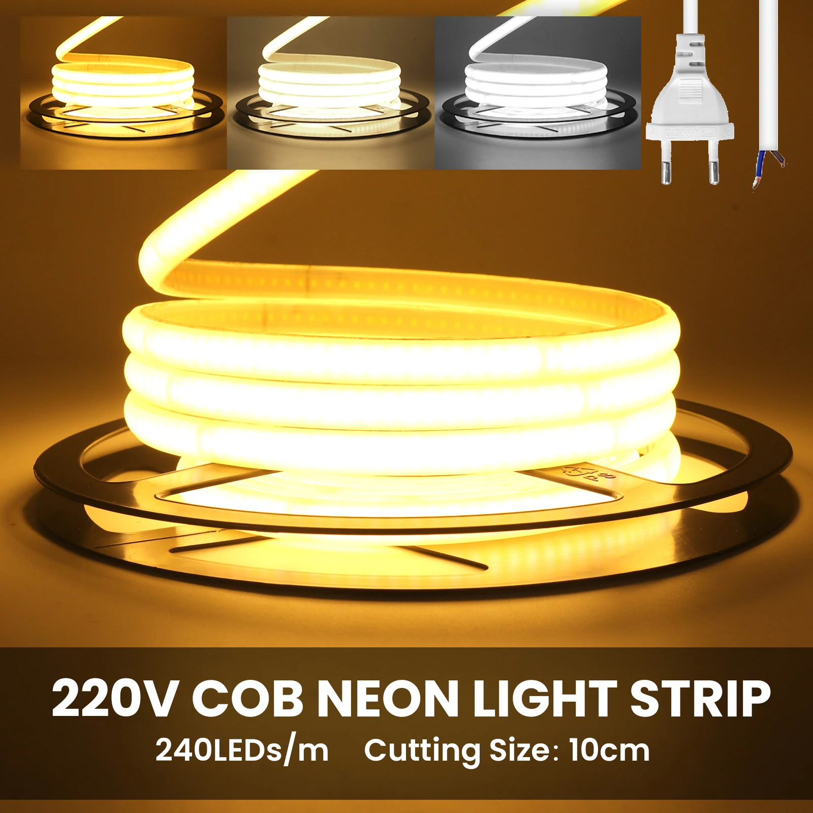 COB LED Strip 220V 240LEDs/m Outdoor Waterproof LED Neon Rope Light 10cm Cuttable Flexible COB Tape Garden Decoration Lights