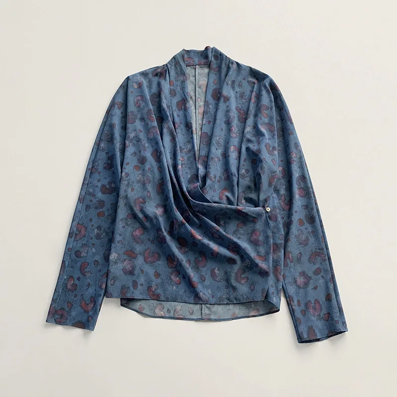 

LUXURY Silk Printed Shirt with Hanging Collar and Diagonal Buckle Art, Simple and Elegant Long Sleeved Top, Niche in Spain