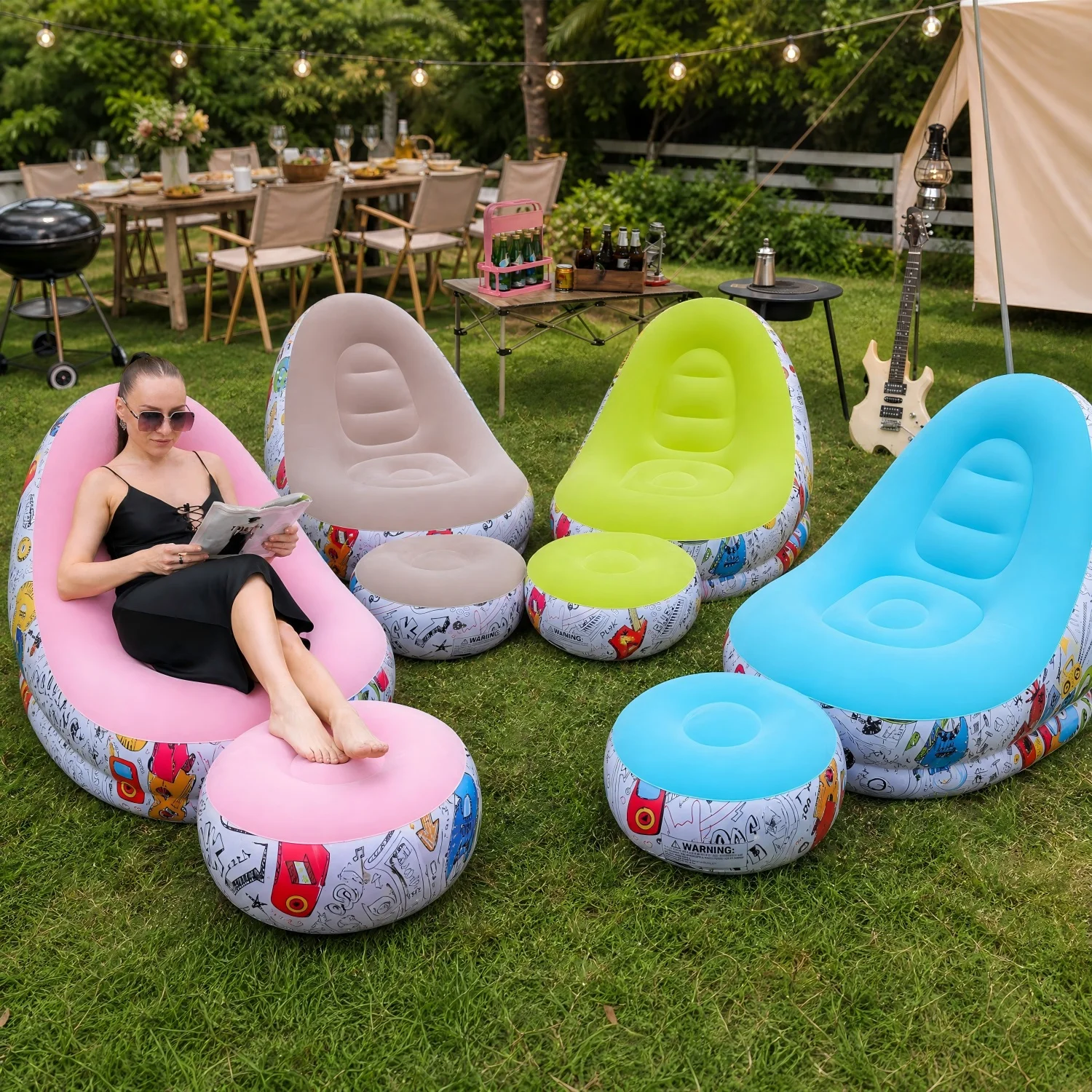 Inflatable Lazy Sofa + Footrest Set, Thickened Flocked Foldable Recliner, Portable Indoor/Outdoor Camping Lounge Chair for Home
