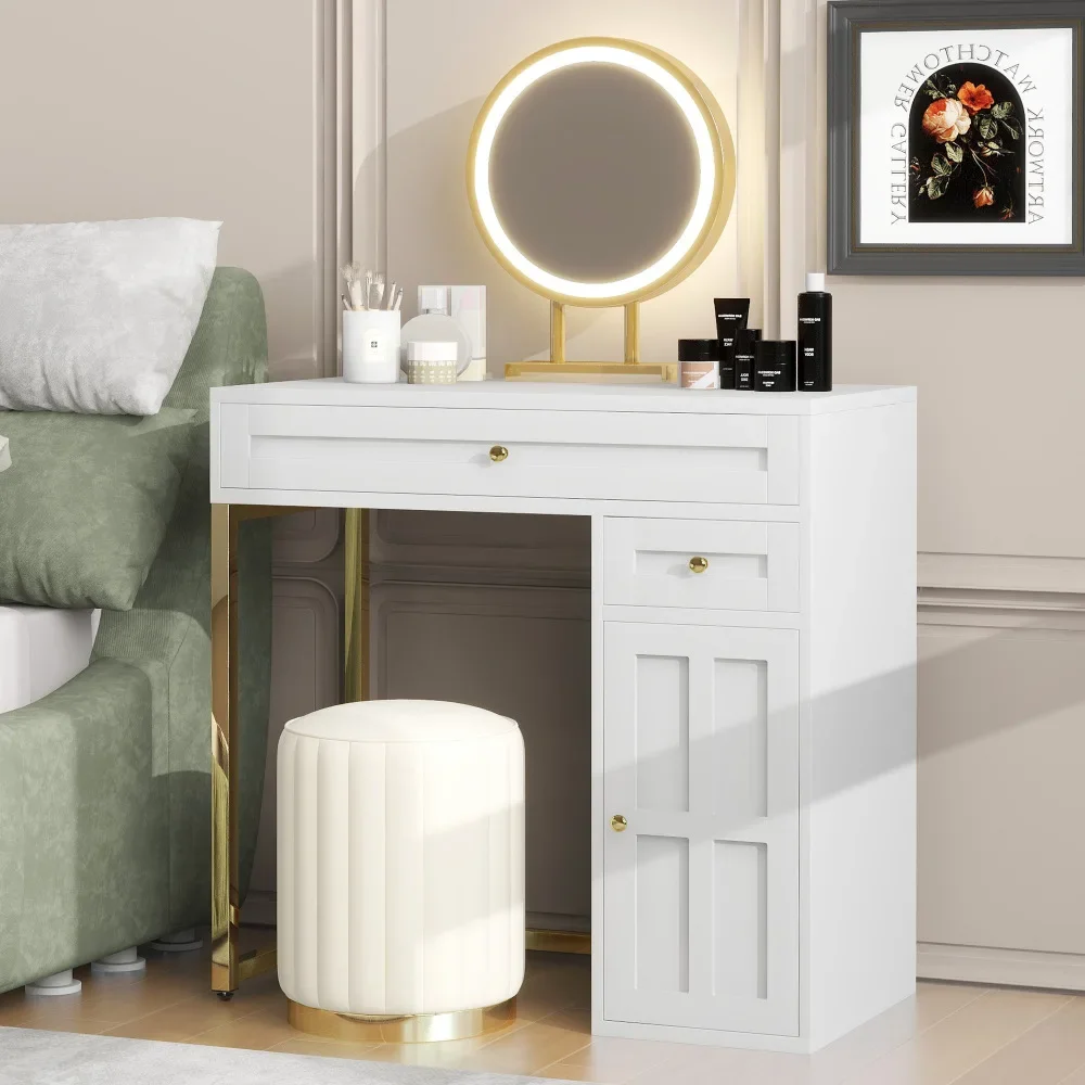 31.5 Inch Dressing Table with Lighted Mirror, Luxury Dressing Table with 2 Drawers 1 Cabinet, 3 Lighting Modes for Bedroom