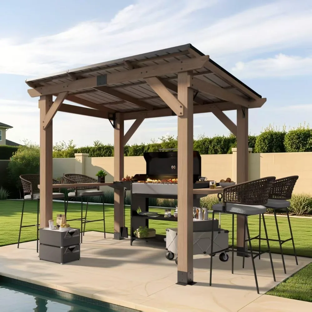 

8x6 FT Wood Grill Gazebos, BBQ Wooden Gazebo with Hardtop Sloping Steel Roof, Wood Outdoor Pavilion with 2 Side Storage Shelves,